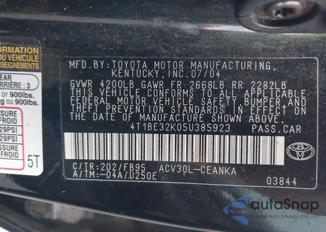 2005 Toyota Camry Std из США, поврежденный, VIN 4T1BE32K05U385923